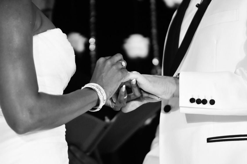 Closeup of couple exchanging wedding rings