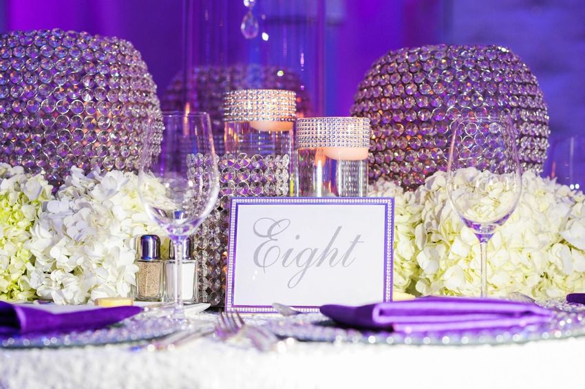 Wedding crystal studded table numbers adorned with hydrangea